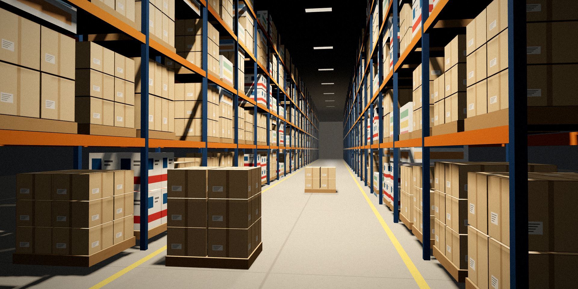 Nahla Al Wadi warehouse aisle with pallet racking stocked with wholesale food cartons