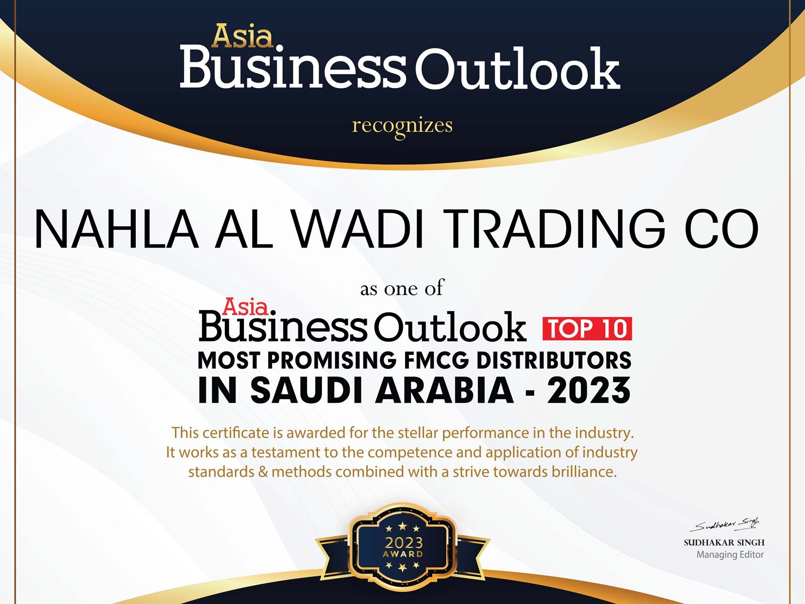 Nahla Al Wadi Trading Company Recognized Among "Top 10 Most Promising FMCG Distributors" in Saudi Arabia by Asia Business Outlook